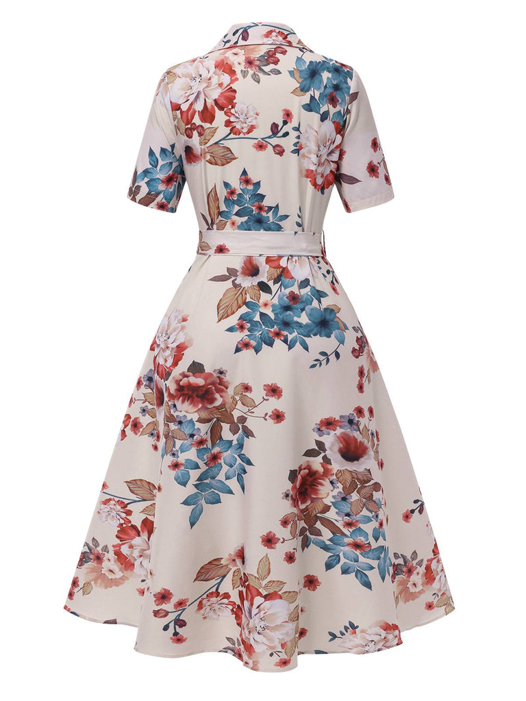 Apricot 1940s Floral Belted Lapel Dress