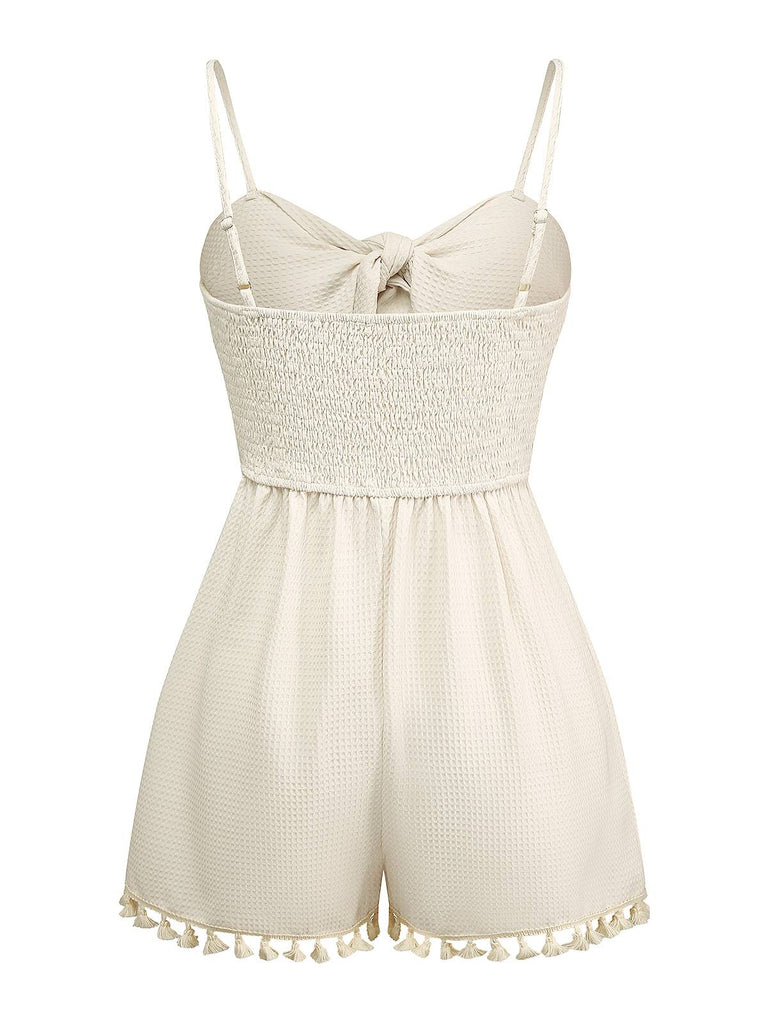 Beige 1950s Solid Spaghetti Straps Smocked Romper