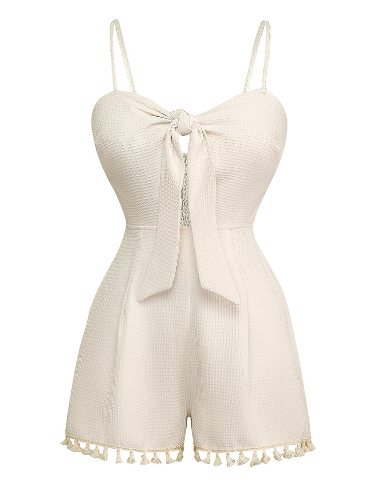Beige 1950s Solid Spaghetti Straps Smocked Romper