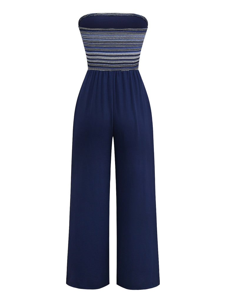 Deep Blue 1950s Stripes Bandeau Jumpsuit
