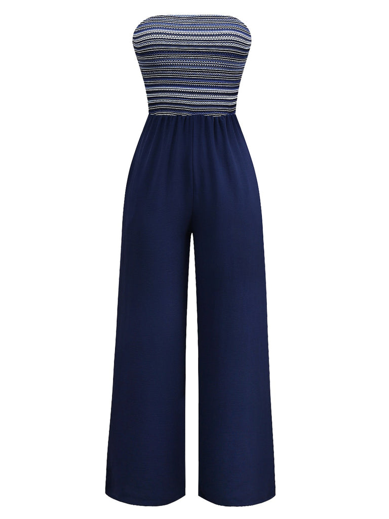 Deep Blue 1950s Stripes Bandeau Jumpsuit