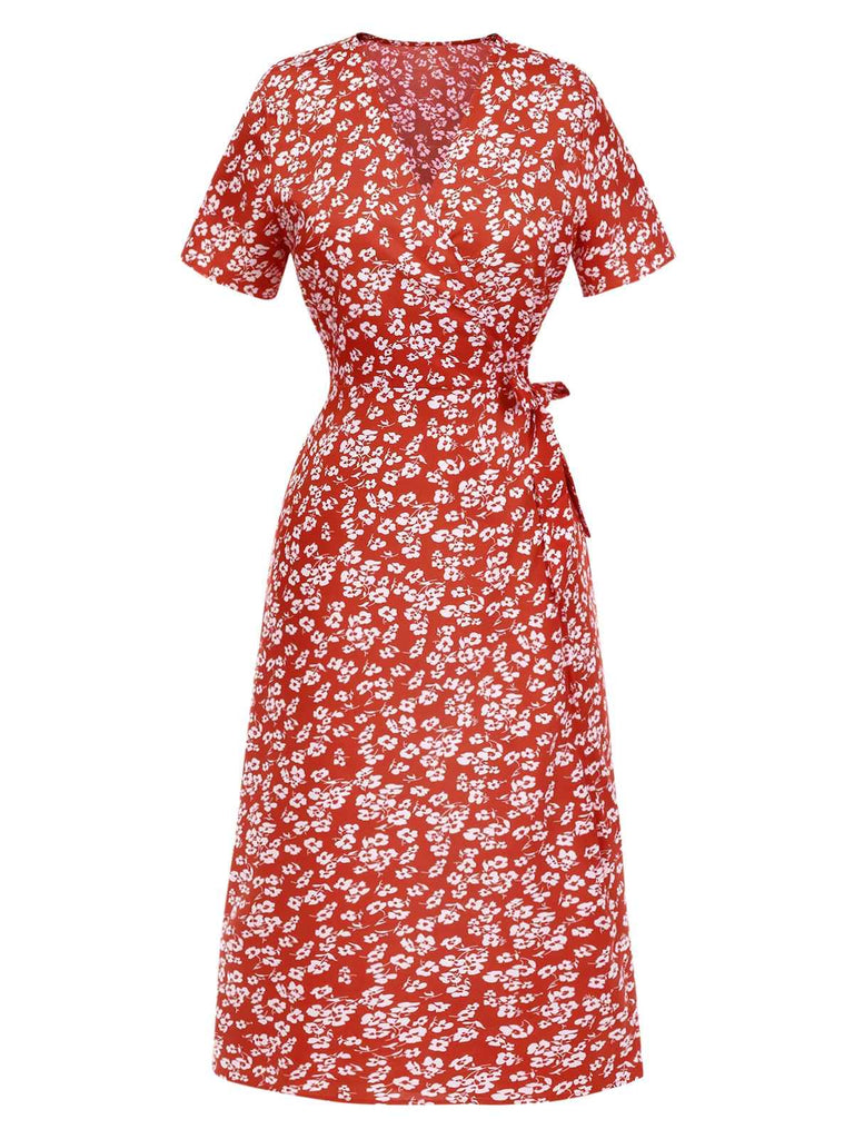Red 1940s V-Neck Ditsy Floral Wrap Dress