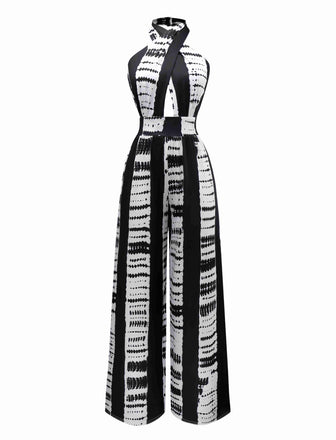 Black 1930s Ink Stains Cross Halter Jumpsuit