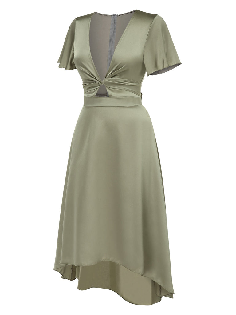 1940s Solid Deep V-Neck Twisted Satin Dress