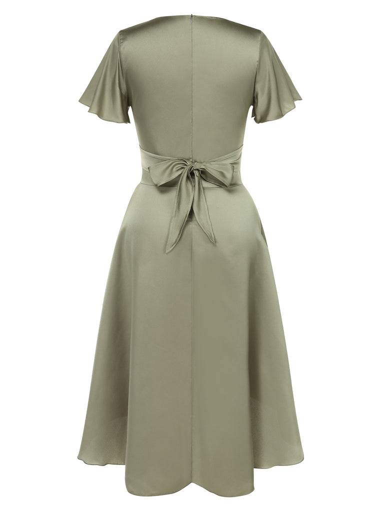 1940s Solid Deep V-Neck Twisted Satin Dress
