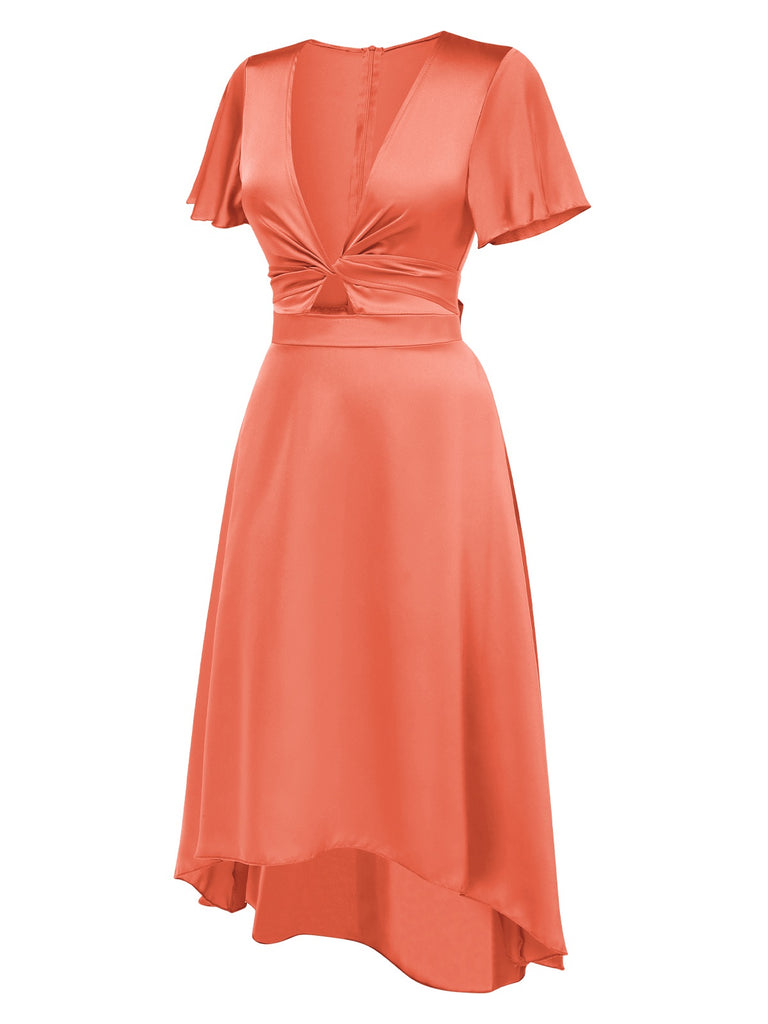 1940s Solid Deep V-Neck Twisted Satin Dress
