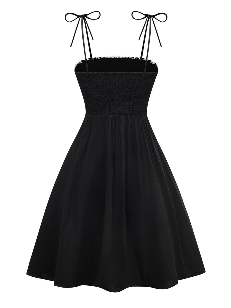 Black 1950s Floral Textured Spaghetti Straps Dress