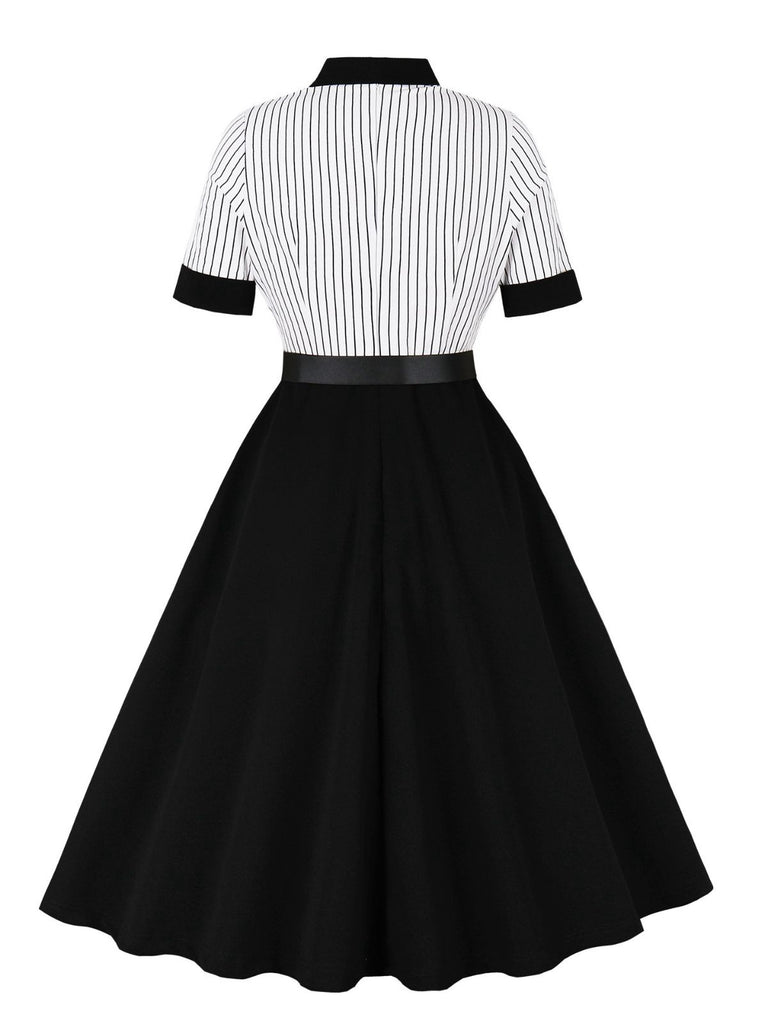 Black 1950s Vertical Stripe Patchwork Lapel Dress