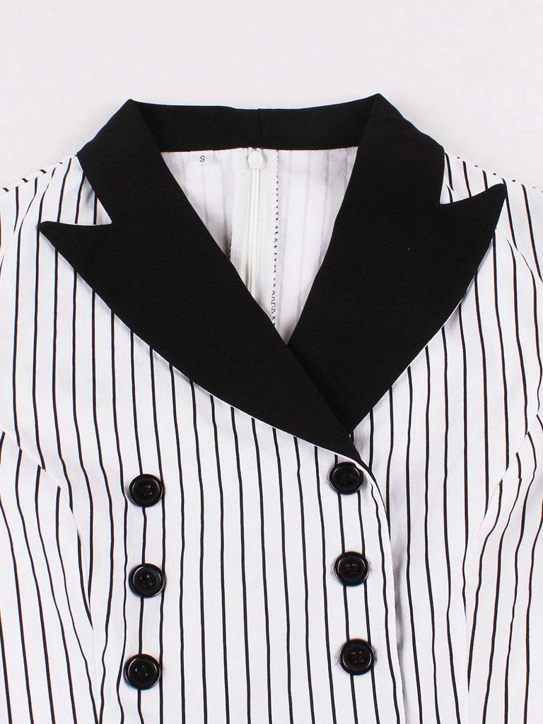 Black 1950s Vertical Stripe Patchwork Lapel Dress