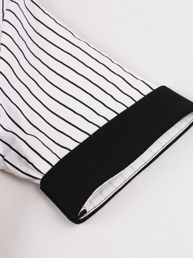 Black 1950s Vertical Stripe Patchwork Lapel Dress
