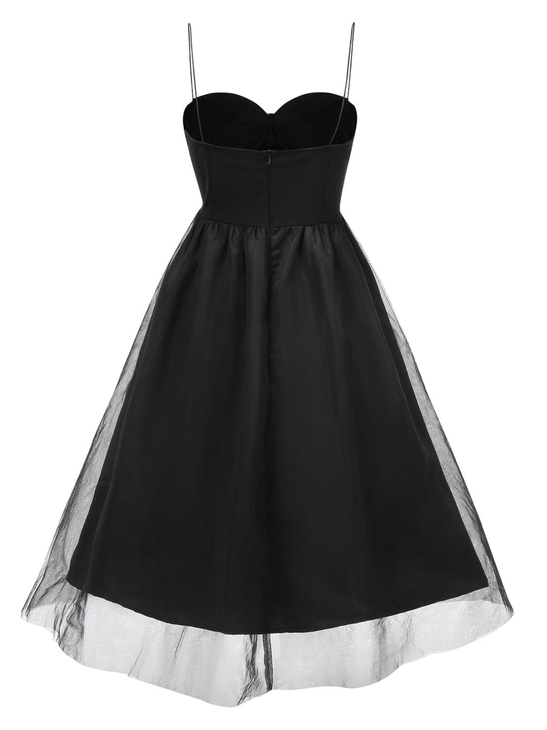 Black 1950s Solid Spaghetti Strap Mesh Dress