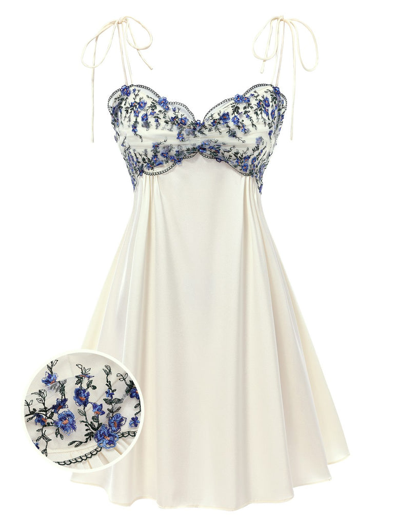 Beige 1940s Floral Embroidered Spaghetti Straps Nightgown