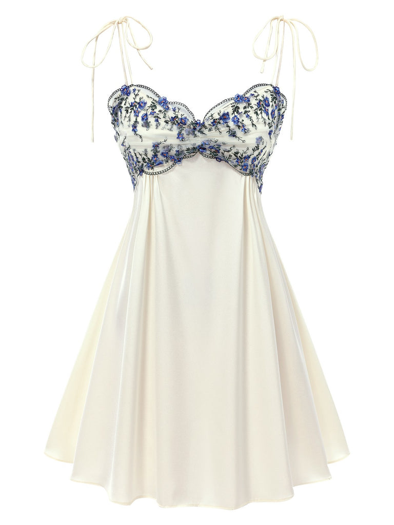 Beige 1940s Floral Embroidered Spaghetti Straps Nightgown