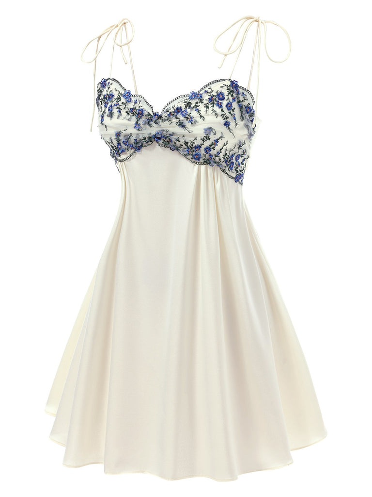 Beige 1940s Floral Embroidered Spaghetti Straps Nightgown