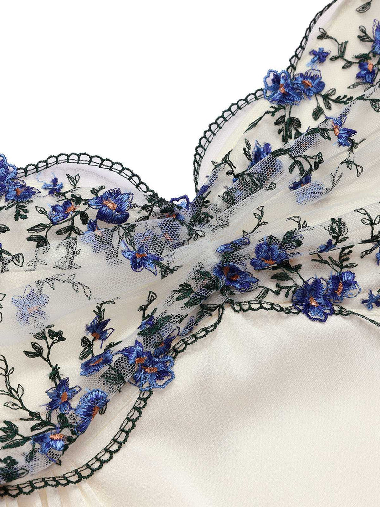 Beige 1940s Floral Embroidered Spaghetti Straps Nightgown