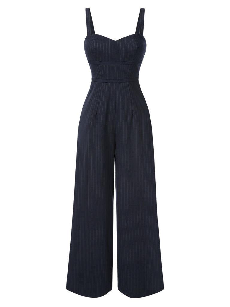 [Pre-Sale] Dark Gray 1930s Pinstripes High Waist Straps Jumpsuit