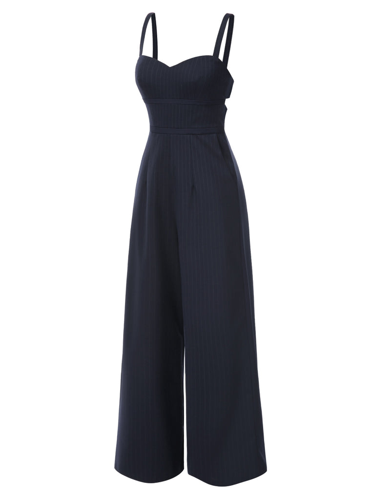 [Pre-Sale] Dark Gray 1930s Pinstripes High Waist Straps Jumpsuit