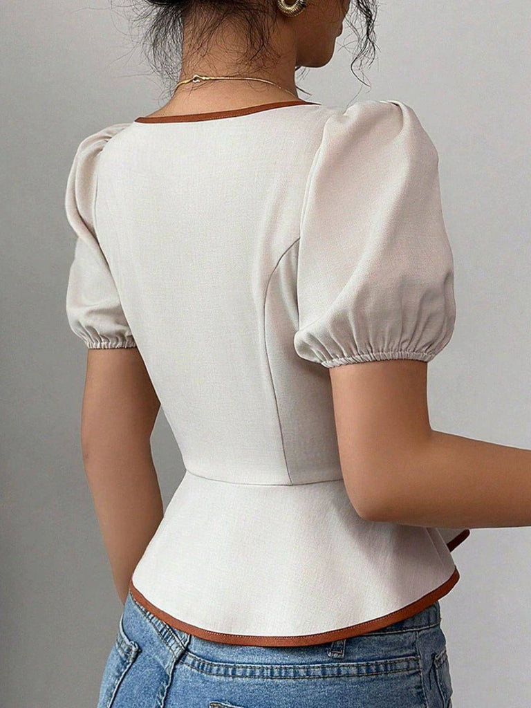 White 1950s Puff Sleeves Waist Top