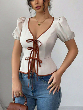 White 1950s Puff Sleeves Waist Top