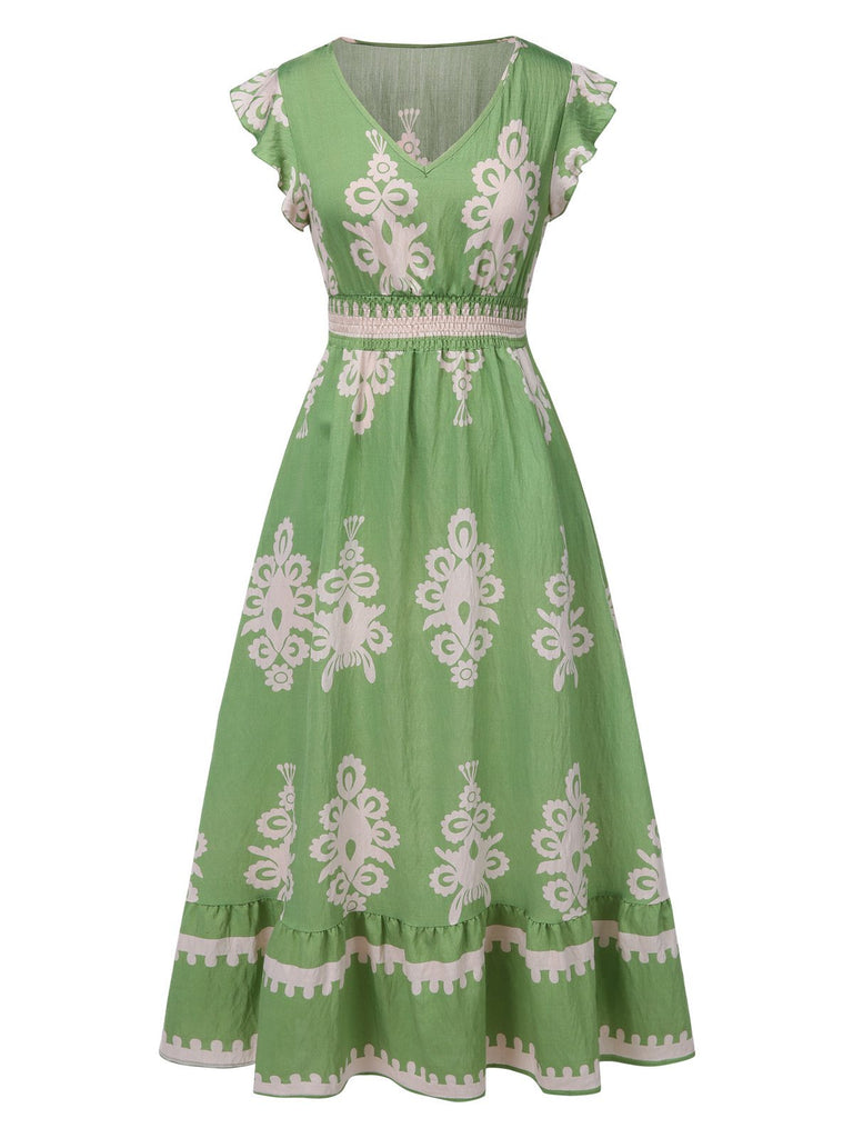 1970s V-Neck Tribal Pattern Bohemian Dress