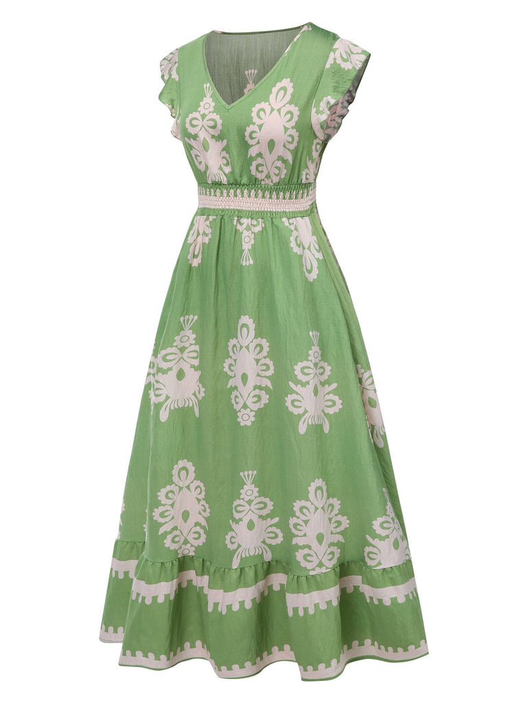 1970s V-Neck Tribal Pattern Bohemian Dress