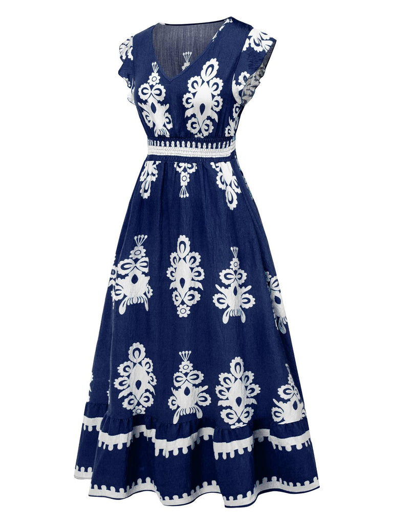 1970s V-Neck Tribal Pattern Bohemian Dress