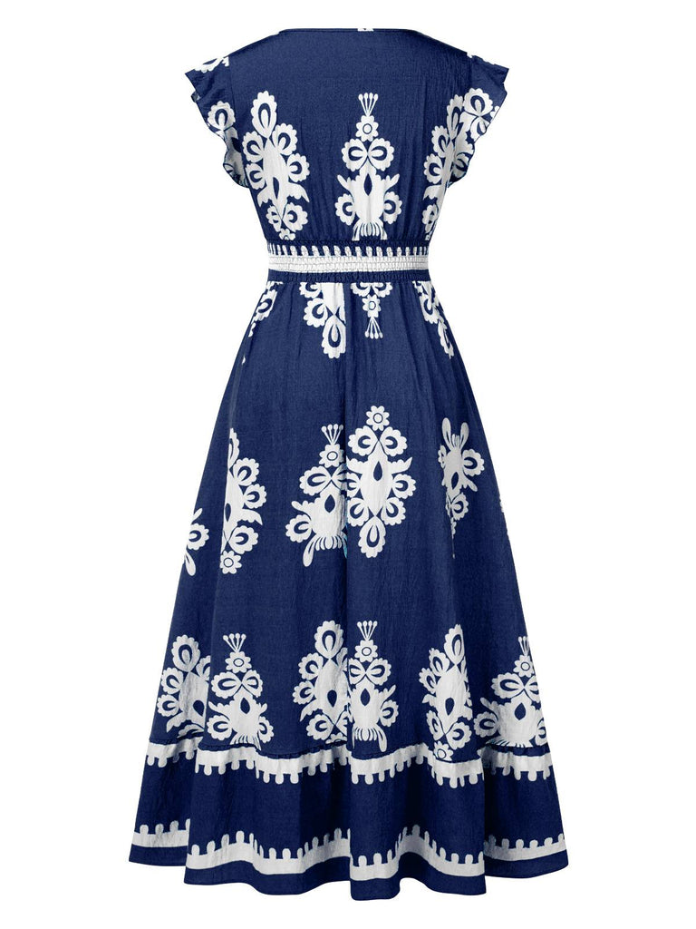 1970s V-Neck Tribal Pattern Bohemian Dress