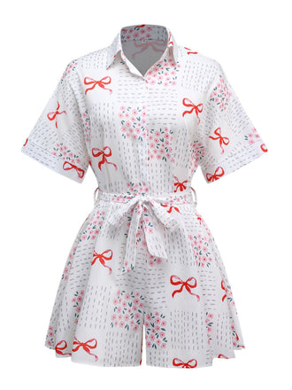 Pink 1950s Bow & Floral Belted Lapel Romper