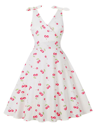 White 1950s Cherry Sleeveless V-Neck Dress