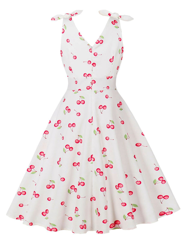 White 1950s Cherry Sleeveless V-Neck Dress