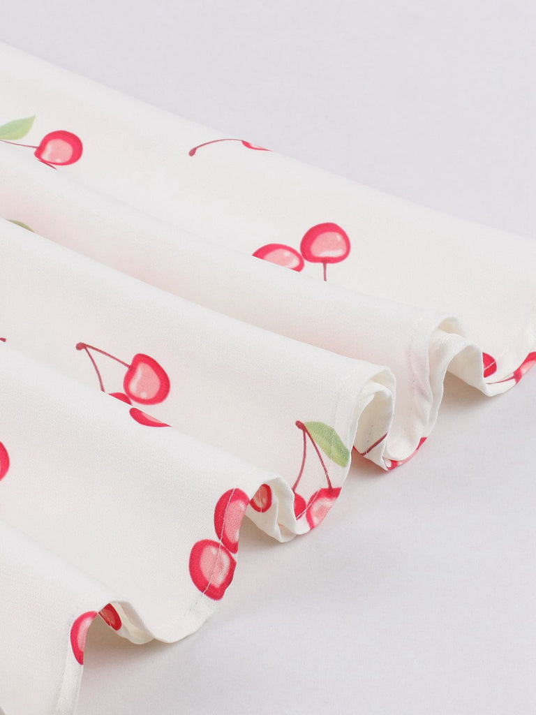 White 1950s Cherry Sleeveless V-Neck Dress