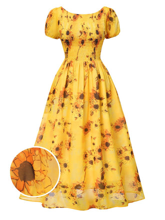 Yellow 1970s Scoop Midi A-line Sunflower Dress