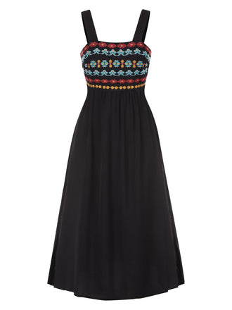Black 1940s Strap Embroidered Floral Maxi Dress