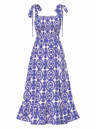 Blue 1970s Bohemian Straps Print Sleeveless Dress