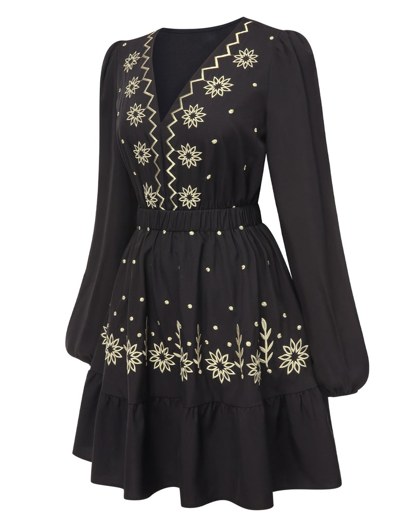 Black 1940s Deep V Embroidered Floral Dress