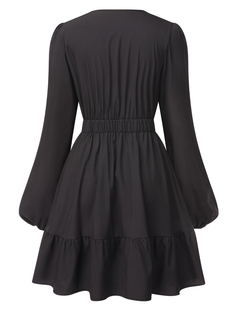 Black 1940s Deep V Embroidered Floral Dress