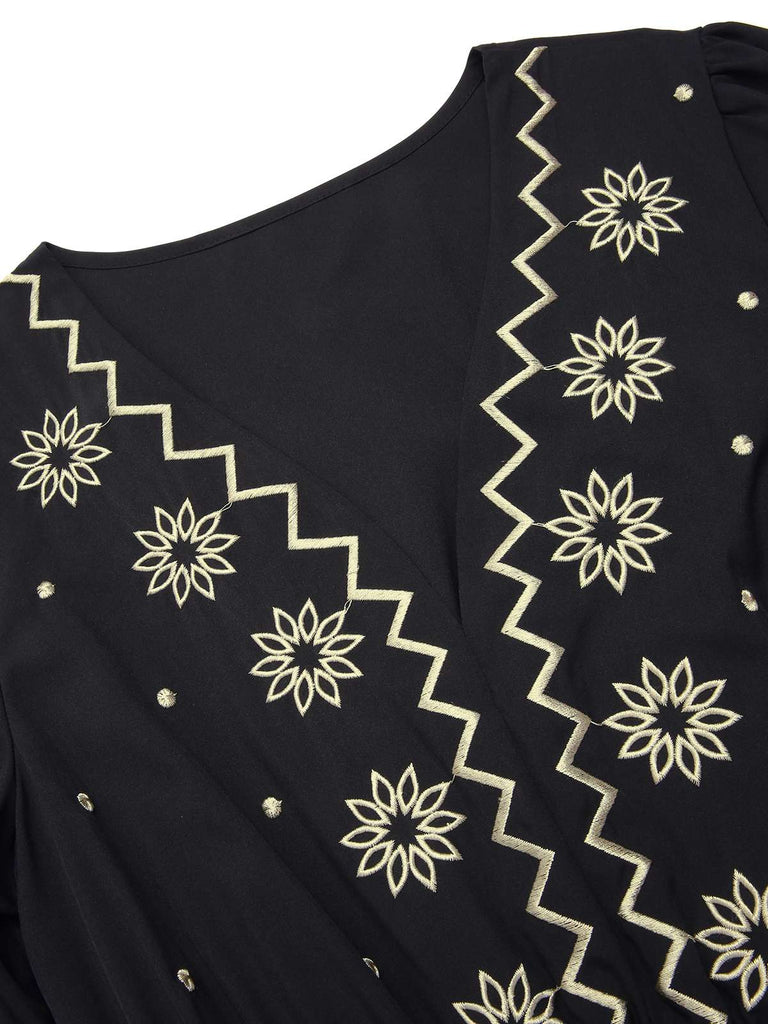 Black 1940s Deep V Embroidered Floral Dress