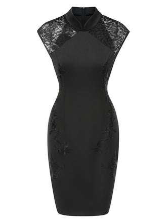 Black 1960s Mandarin Collar Embroidered Floral Pencil Dress