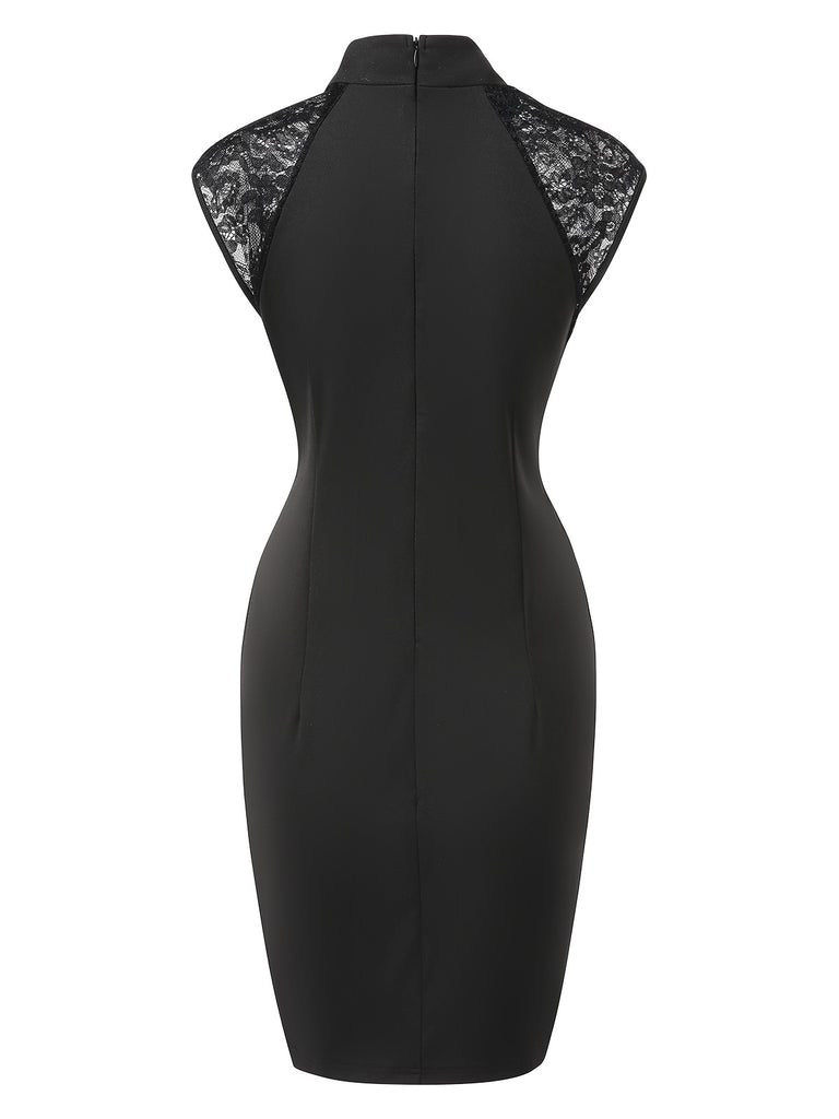 Black 1960s Mandarin Collar Embroidered Floral Pencil Dress