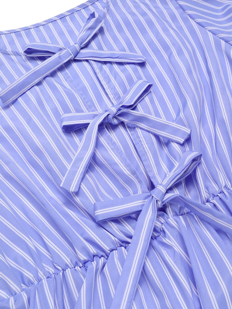 Light Blue 1950s Striped Bow Lace-Up Dress