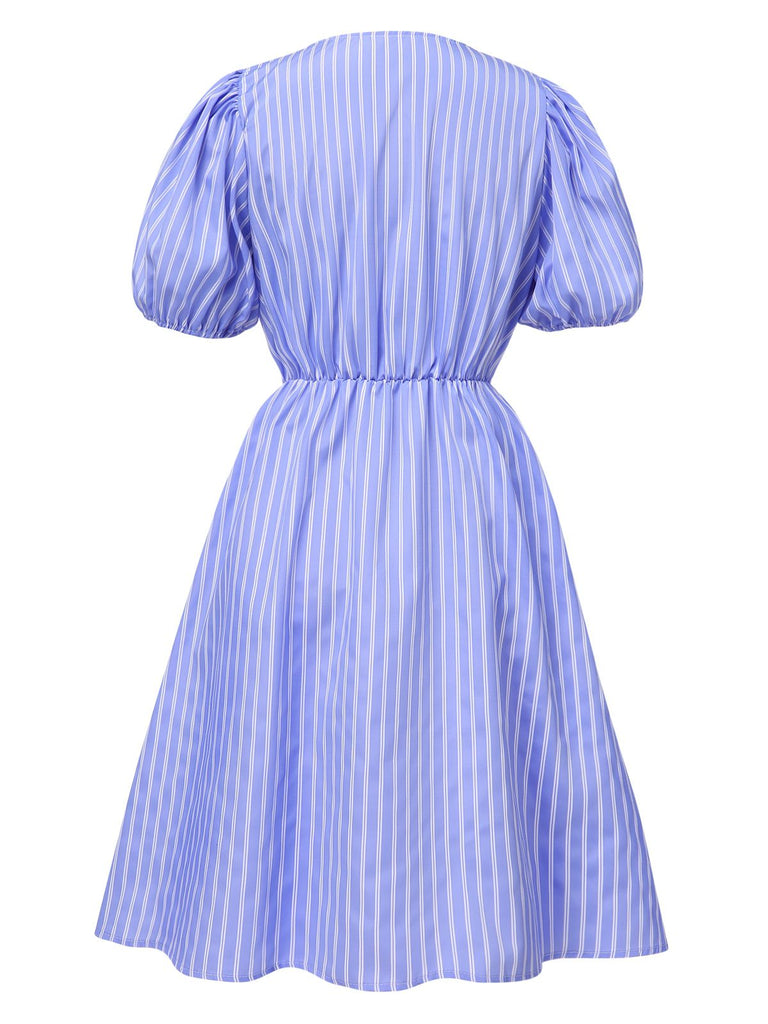 Light Blue 1950s Striped Bow Lace-Up Dress