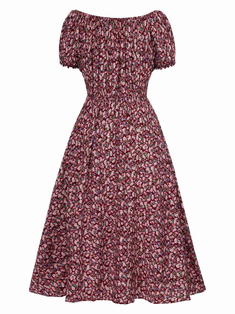 Red 1940s Puff Sleeves Ditsy Floral Dress