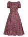 Red 1940s Puff Sleeves Ditsy Floral Dress