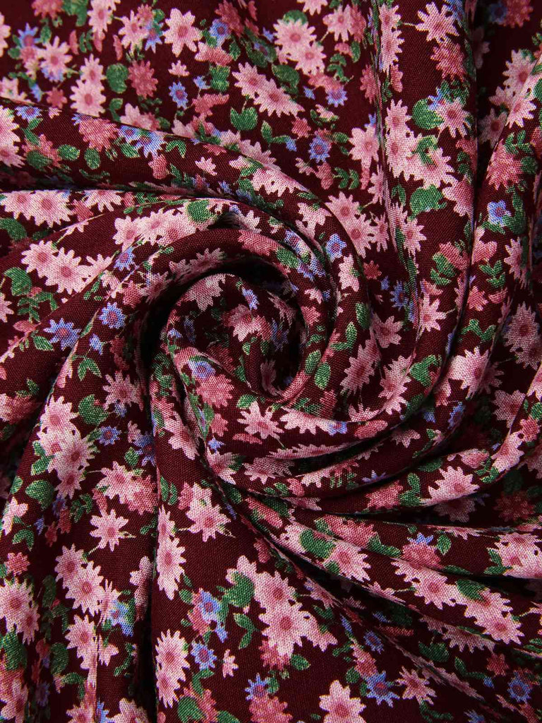Red 1940s Puff Sleeves Ditsy Floral Dress