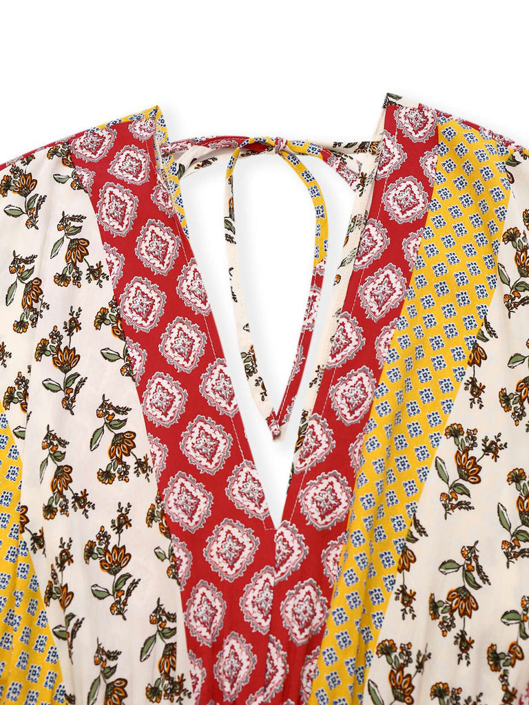 Yellow 1970s Bohemian Floral Tribal Pattern Jumpsuit