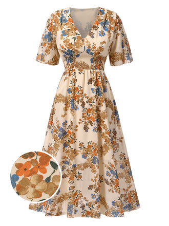 Beige 1930s V-Neck Floral Elastic Waist Dress