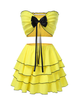 2PCS Yellow 1950s Bow Smocked Tube Top & Multi-Layer Skirt