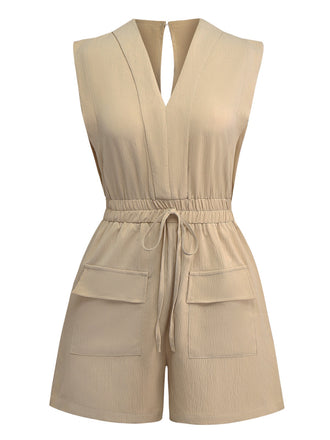 Khaki 1930s V-Neck Pocket Solid Romper