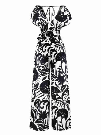 Black 1940s Plants Silhouette Bat Sleeve Jumpsuit