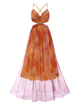 Multicolor 1970s Bohemian Tie-Back Floral Mesh Dress